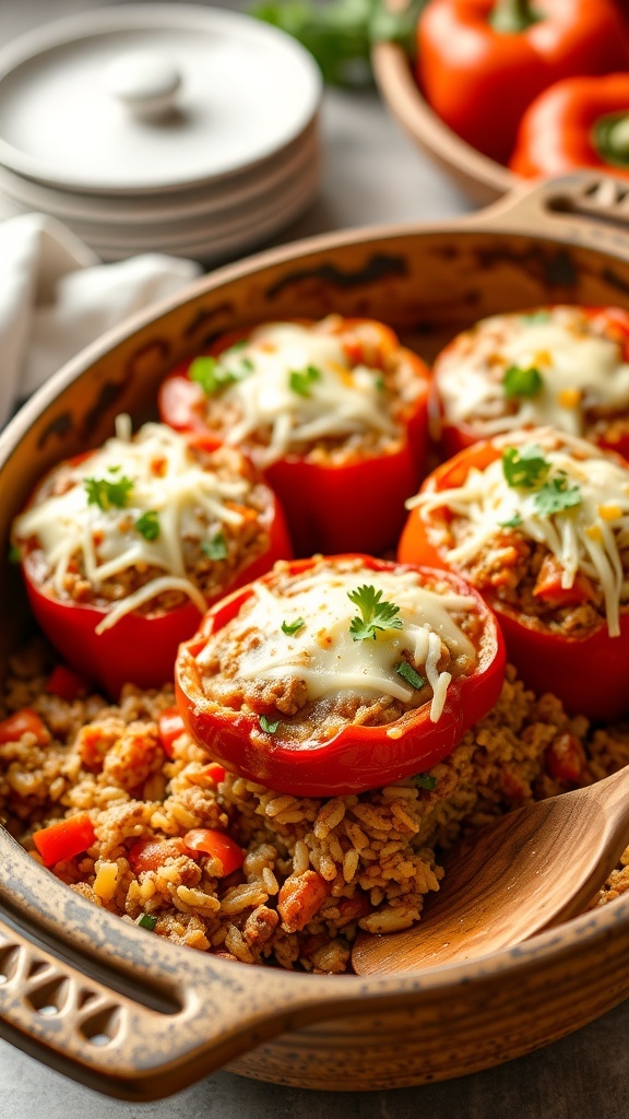 One-pan stuffed pepper casserole with ground meat, rice, bell peppers, and melted cheese, garnished with parsley.